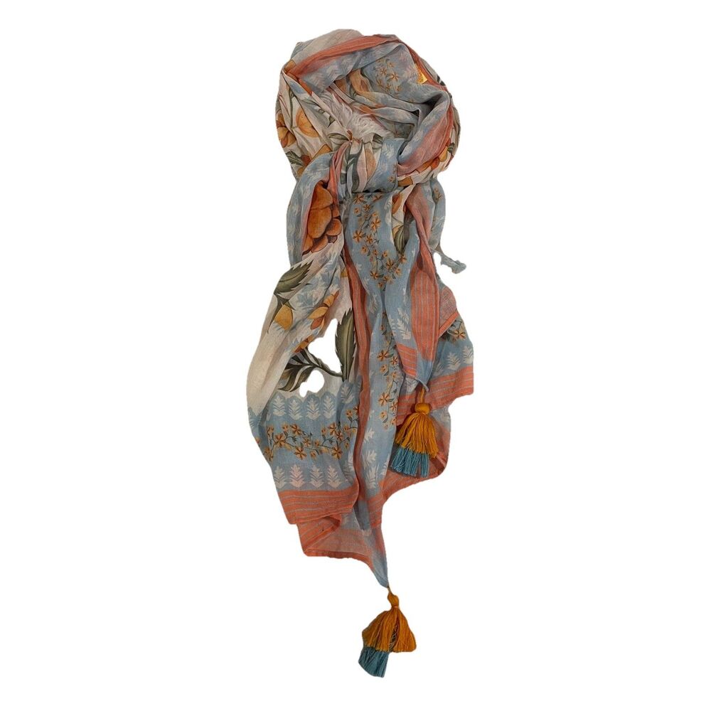 Agua Bendita Womens Tropical Floral Printed Knit Tassel Scarf Blue Peach 68"x35"